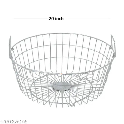 Stainless steel round dish strainer in kitchen. Dia 20in, Height 9in, Medium