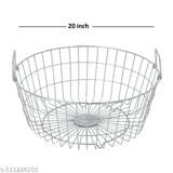 Stainless steel round dish strainer in kitchen. Dia 20in, Height 9in, Medium