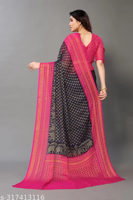 Gs Thakur Fab Women's Chiffon Brasso Printed Saree with Solid Net Blouse, zari woven pattern on display