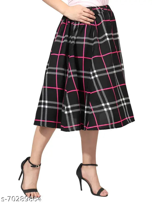 Black polka print mid calf length IBPanel polyester skirt combo for women, flared design with 27" length