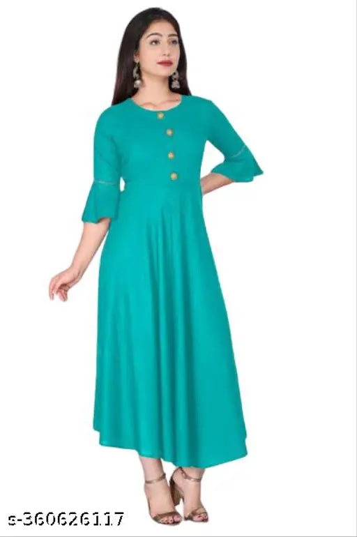 Teal round-neck flared bell sleeved kameez