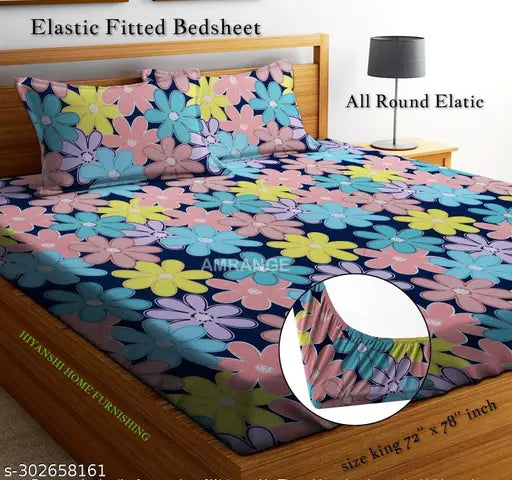Glace cotton king size double bedsheet with floral print, soft & breathable, includes 2 pillow covers, fits 48-inch mattresses