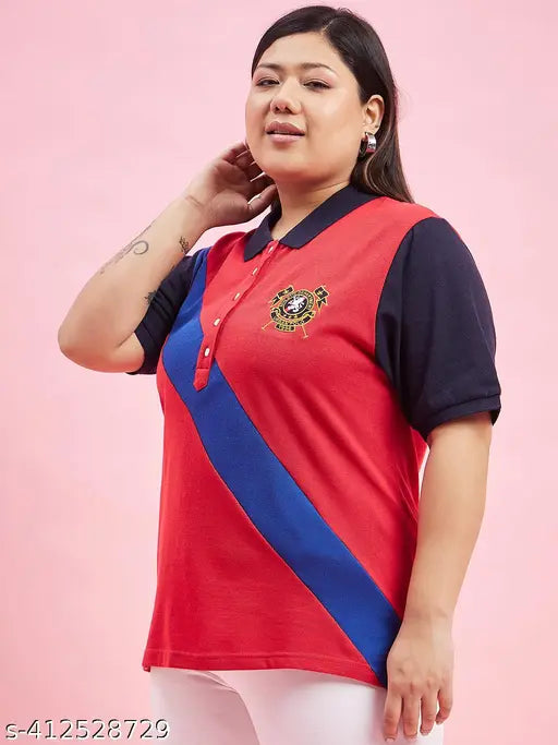 Colorblocked cotton blend top for women, short sleeves, size XXXL (bust 44in, length 28in)