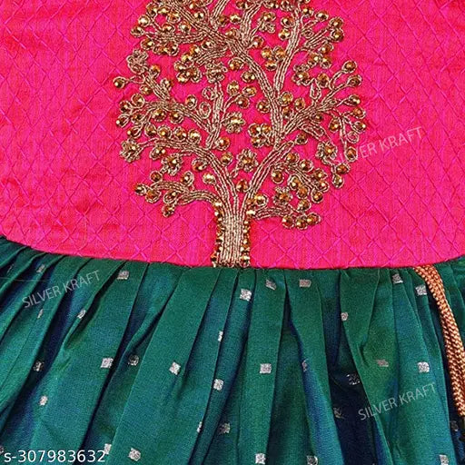 Rama Green embroidered satin sleeveless frock for kids, elegant and whimsical design perfect for special occasions