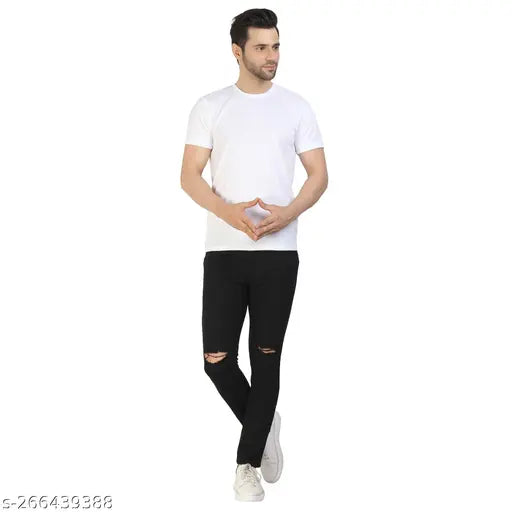 Black stretchable polycotton men's slim fit washed jeans with distressed knee, ideal for daily wear. High-quality zip and anti-corrosive buttons ensure comfort and durability