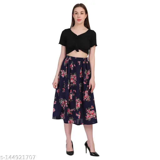 Multi-colored printed polyester calf length skirt with elasticated belt, vibrant Indian design on a crepe fabric, size 26, 28, 30, 32, 34 inches