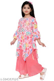 Orange chiffon girls' A-line top & palazzo set, printed with vibrant design, knee-length, three-quarter sleeves. Sizes: 4-5 Years, 5-6 Years, 6-7 Years, 7-8 Years, 8-9 Years, 9-10 Years, 10-11 Years, 11-12 Years. Indian origin