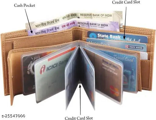 Faux leather men's wallet, solid pattern, 5 compartments. Durable, high-quality artificial leather, compact size, additional card slots. Portable for travel, lightweight, made in India