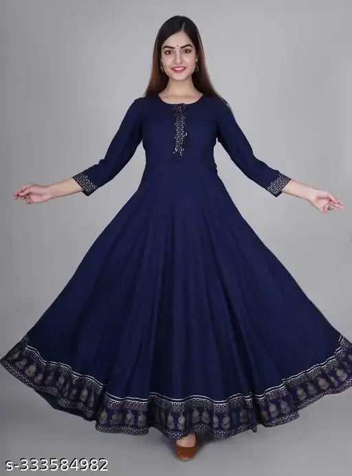 Black rayon printed anarkali kameez with flared bottom