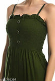 Olive green rayon jumpsuit for women, solid pattern and sleeveless design, machine washable, India origin