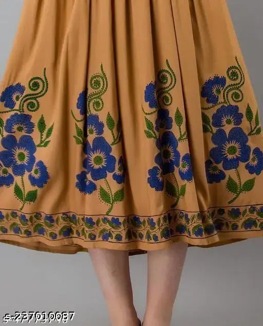Viscose rayon printed long flared Anarkali kurtis, beautiful three-quarter sleeve design with hand block work and pom pom buttons, women's ethnic wear for shopping, weddings, parties in India