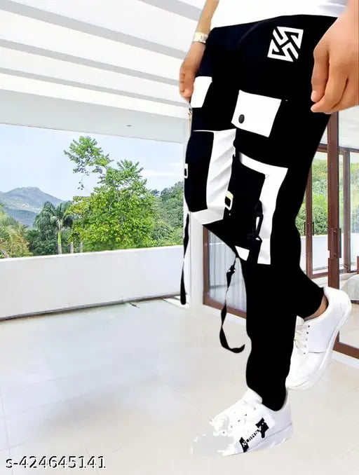 Black cotton blend cargo pants by Markview - stylish, comfortable, and versatile for men & boys, mid-rise design with a casual and sporty black & white color combination. Available in sizes 26, 28, 30, 32 (waist: 26in, 28in, 30in, 32in; length: 39in; hip: 30in, 32in, 34in, 36in). Made in India