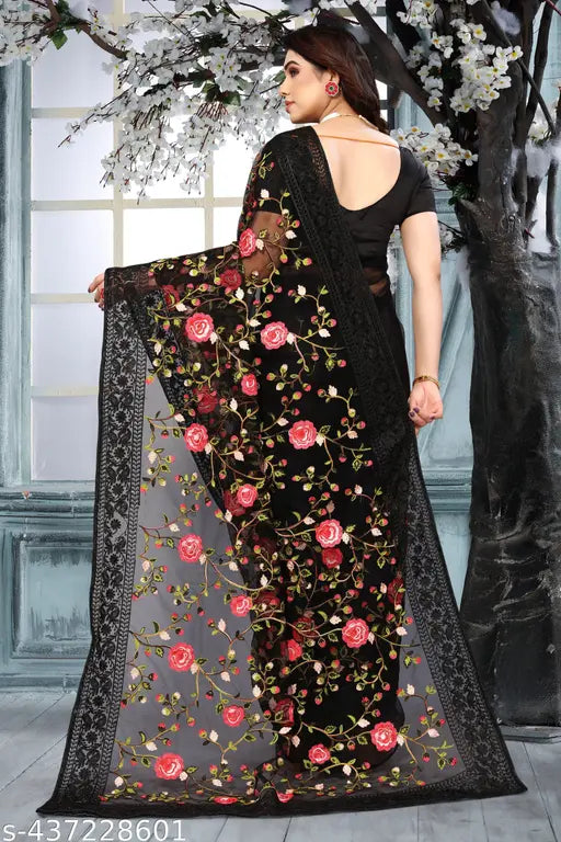 Soft net embroidered wedding wear saree with separate cotton blouse, Indian festival collection