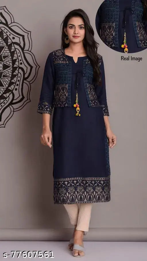 Blue rayon straight jacket kurti with printed combo, three-quarter sleeves, women's fashion from India