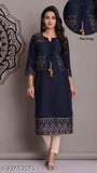 Blue rayon straight jacket kurti with printed combo, three-quarter sleeves, women's fashion from India