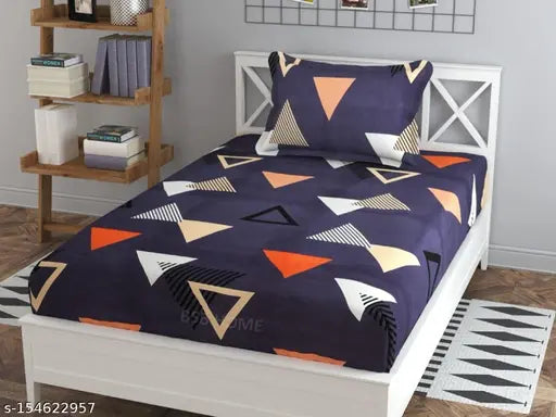 Glace cotton flat printed single bed sheet & pillow cover (60x90 Triangle), geometric design, summer-ready for adults