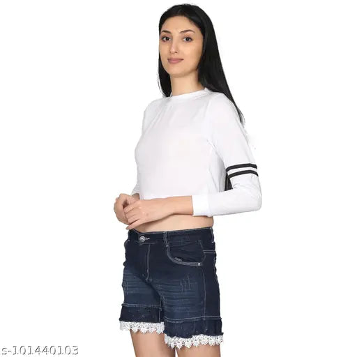 Trendy white cotton blend checked sleeves sweatshirt/t-shirt for women, fashion-forward on trend casual wear