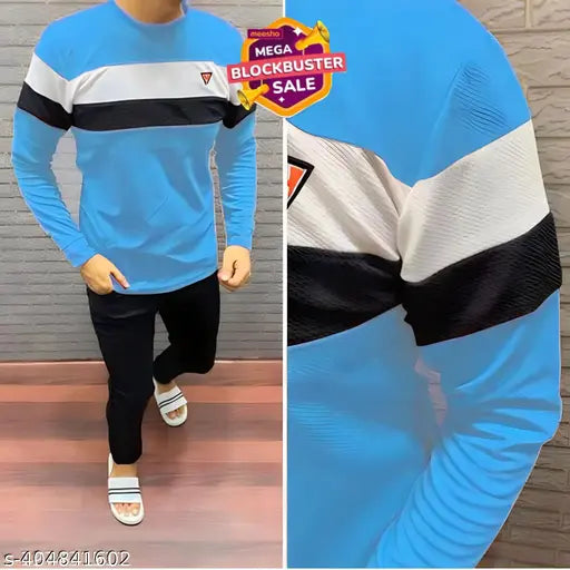 Sky Blue colorblocked striped cotton-blend t-shirt with long sleeves for men, breathable and lightweight by HexaCraft