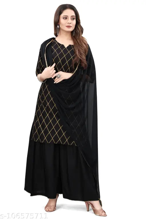 Gold print kurta set, black fabric, dupatta and sharara included