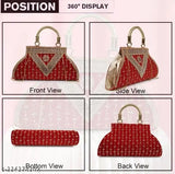 Red designer clutch with gold accents, zipper closure