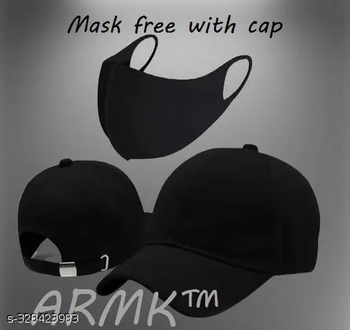 Black cotton baseball cap with adjustable strap and free mask - Stylish all-weather protection under the summer sun