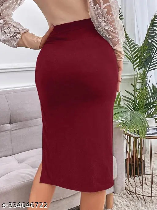Ruby Maroon mid-length polyester skirt with fancy side cut for women, worn by model