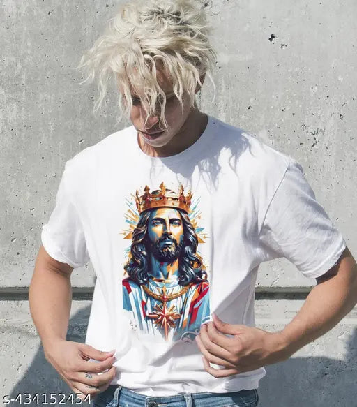 Men's ultra soft, lightweight Jesus photo printed polycotton round neck half sleeves t-shirt, available in slim fit and multiple sizes