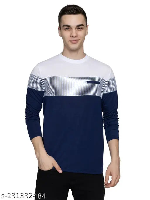 Emerald green men's round neck cotton blend full sleeves T-shirt, colorblocked design for casual or professional wear