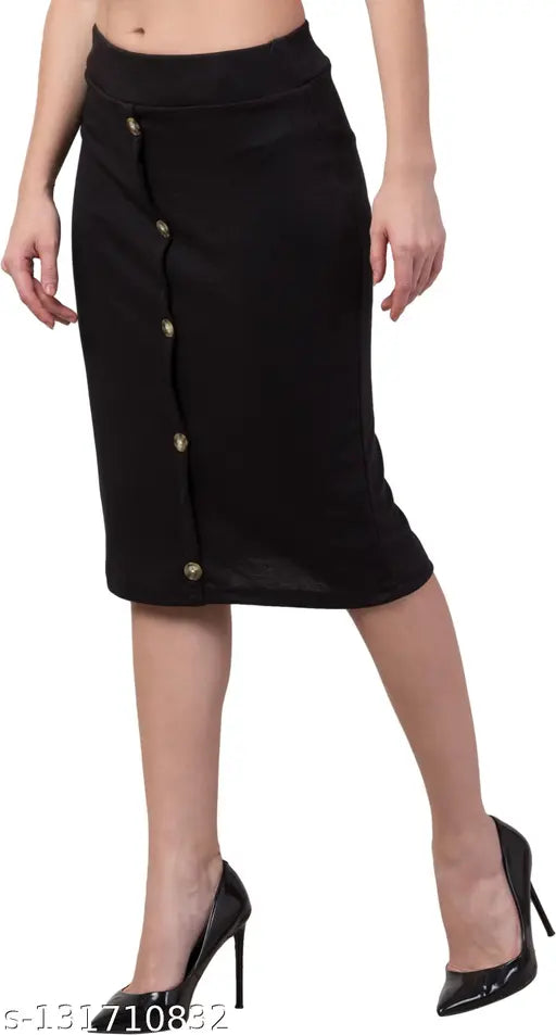 Black cotton blend skirt, solid black front button style for women and girls, fashion accessory on mannequin