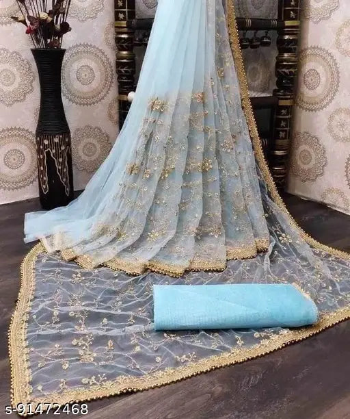 White and gold embroidered net summer saree with separate mulberry silk blouse, Indian partywear