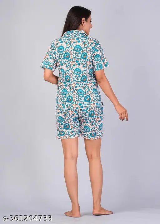 Floral pattern cotton night dress for women, short-sleeved printed shirt with shorts. Style and comfort in Indian handcrafted floral nightwear [M: 11in bust/length, 11in waist/hip/length; XXL: 14in bust/length, 14in waist/hip/length]