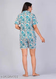 Floral pattern cotton night dress for women, short-sleeved printed shirt with shorts. Style and comfort in Indian handcrafted floral nightwear [M: 11in bust/length, 11in waist/hip/length; XXL: 14in bust/length, 14in waist/hip/length]