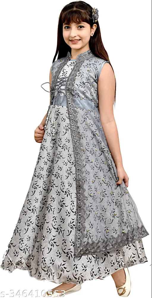 Pink net floral printed long ethnic gown, sleeveless, for parties & festivals (10-11 yrs)
