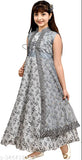 Pink net floral printed long ethnic gown, sleeveless, for parties & festivals (10-11 yrs)