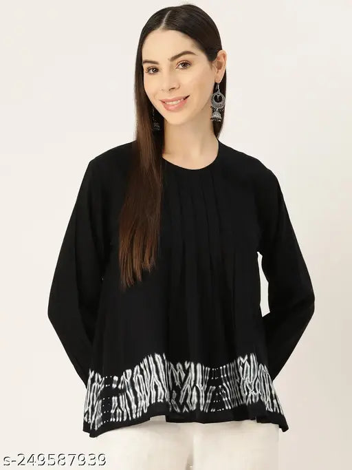 Black rayon pleated tie-dye top, solid net, long sleeves, scoop neckline, curved hemline