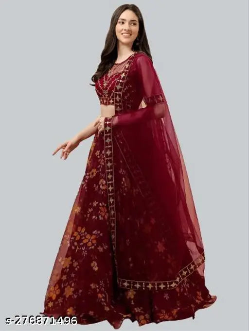 Embroidered net lehenga set with floral dupatta, semi-stitched (40m, 42m, 2.1m), Indian origin
