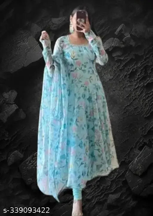 Elegant sky blue Georgette dress, long sleeves, printed net pattern, full-length gown and dupatta, size S (bust 36in), Indian origin