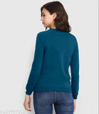 Teal round neck full-sleeve printed casual t-shirt for ladies, monsoon wear, back print
