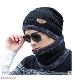 Stylish men's black wool beanie cap with neck warmer - high-quality, stretchable, and breathable winter accessory