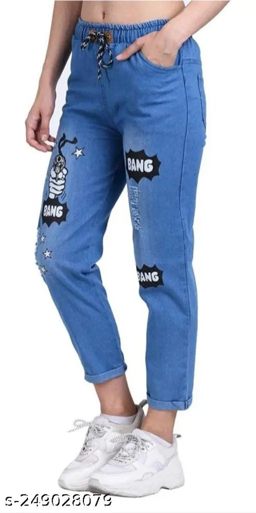 Stylish printed 'Bang Bang' denim jogger for women - light, fashionable printed design on a lightweight denim jumper