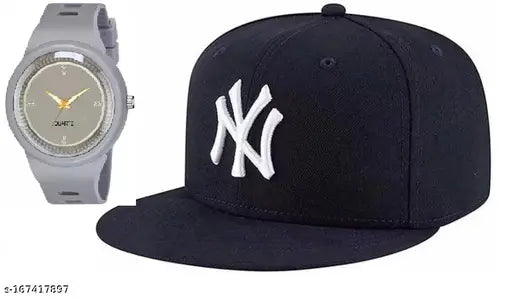 Embroidered cotton men's hip hop NY baseball caps with round analog watches, smart and trendy accessory set from India