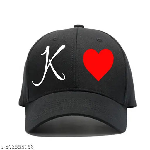 Customizable unisex black baseball cap with letter k and heart symbol on front