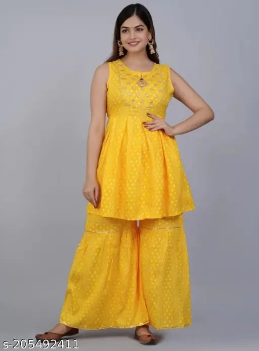 Yellow chiffon kurta with matching sharara