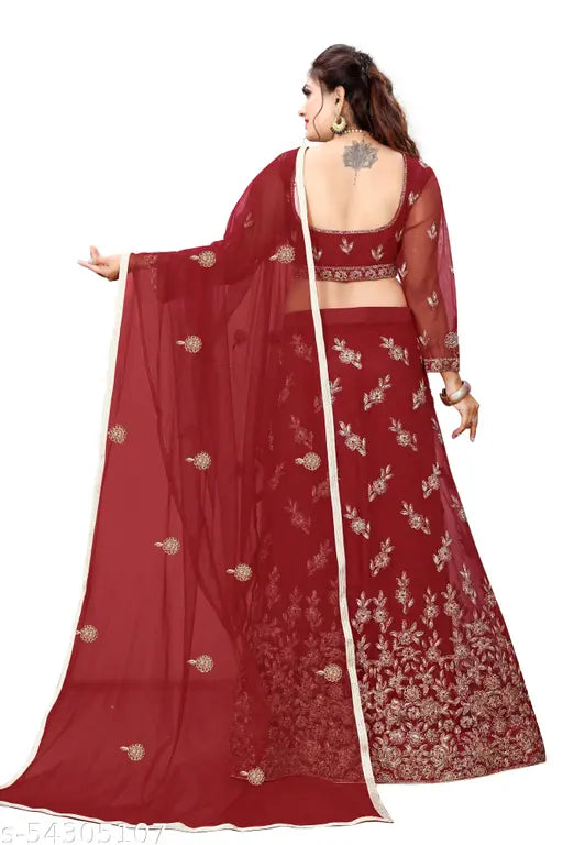 Maroon-gold glitter embellished, net lehenga choli and dupatta set - Free Size (Waist 43in, Length 43in, Dupatta 2.4in), handcrafted Indian designer wear