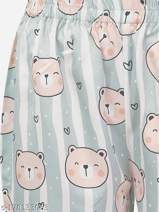 Panda printed silk satin night suit for women, soft satin shirt with short sleeves and shorts, made in India