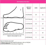 Black velcro baby shoes with white soles and heels. Size chart in UK, EU, US, India, and length conversion from toe length in cm to US size