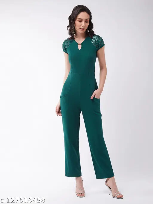 Green polyester v-neck jumpsuit with short sleeves, sequin embellishments, and zipped closure – Miss Chase women's solid style from India