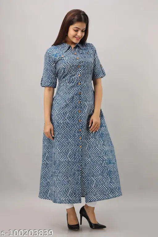 Blue Cotton Zig Zag Printed A-Line Kurta, Indian ethnic wear with short sleeves and button front detail