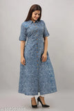 Blue Cotton Zig Zag Printed A-Line Kurta, Indian ethnic wear with short sleeves and button front detail