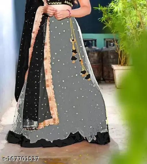 Embroidered cotton-blend lehenga Choli Dupatta set with lace detail, free size, Indian origin